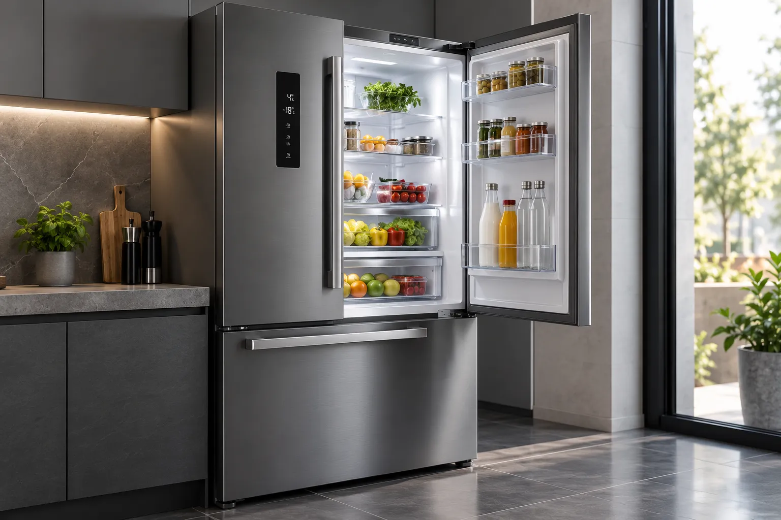 Cocina moderna con frigorífico abierto