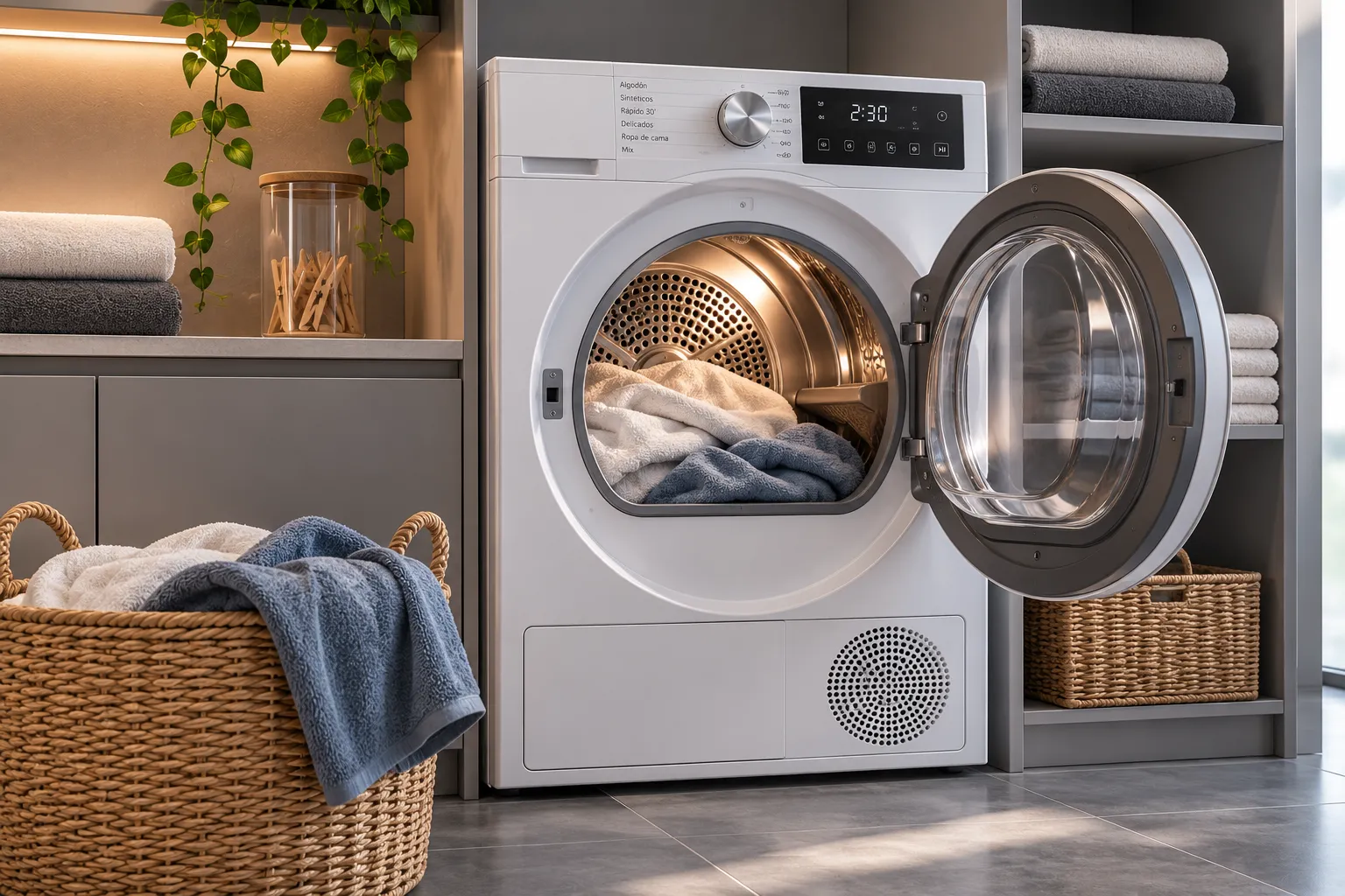 Lavandería moderna con secadora abierta